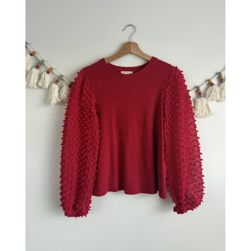 Anthropologie Maeve Textured Slub Cotton Puff Sleeve Top Red Boho Relaxed Fit XS
